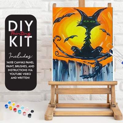 Spooky Kitty on a Fence, Video Instructional Paint Kit, 11x14 inch, DIY Canvas Art Kit, Kid and Adult Pai - image1